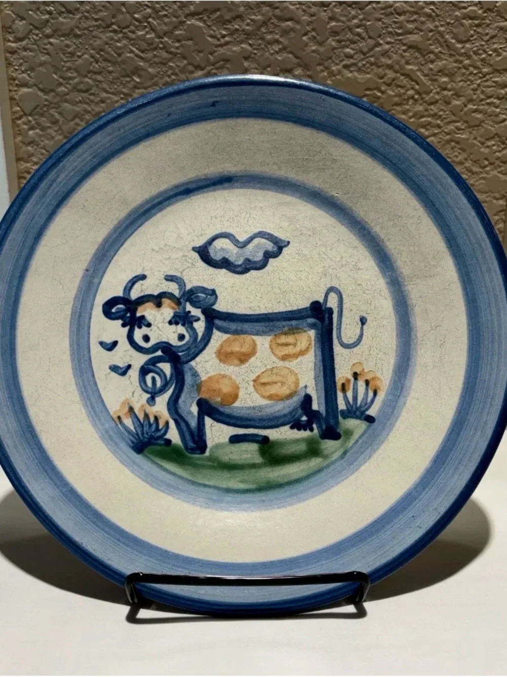 Vintage MA Hadley Stoneware Pottery 9”D Plate Cow Farm Series Ceramic Hand Paint